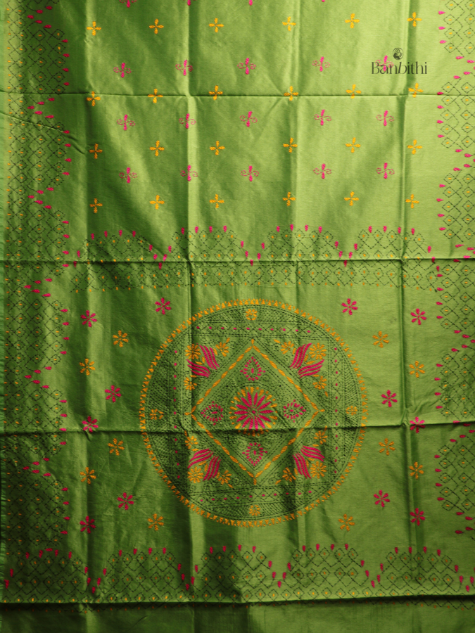 Hand Embroidered Saree – Light Green with Pink & Yellow Thread