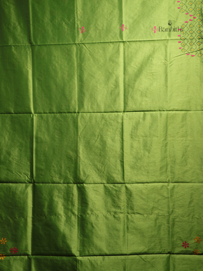 Hand Embroidered Saree – Light Green with Pink & Yellow Thread