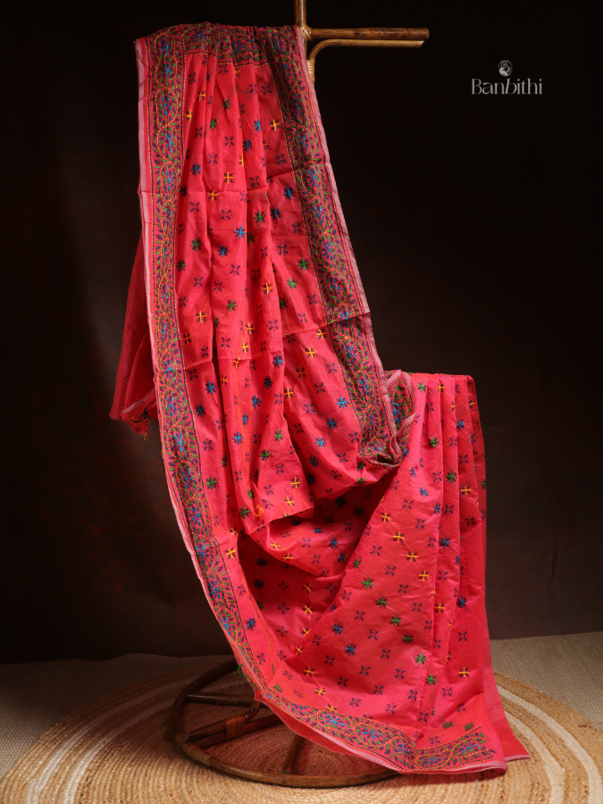 Hand Embroidered Saree – Pink with Multicoloured Thread