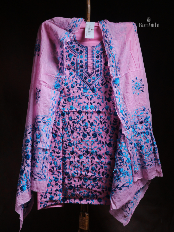 Hand Embroidered Cotton Suit Set – 3 Pcs Pink