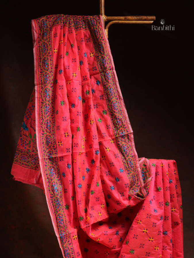 Hand Embroidered Saree – Pink with Multicoloured Thread