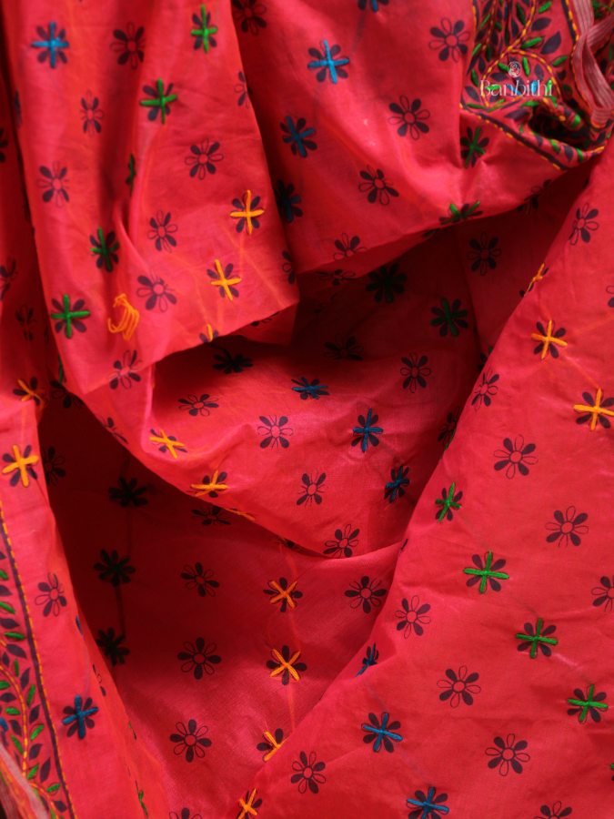 Hand Embroidered Saree – Pink with Multicoloured Thread