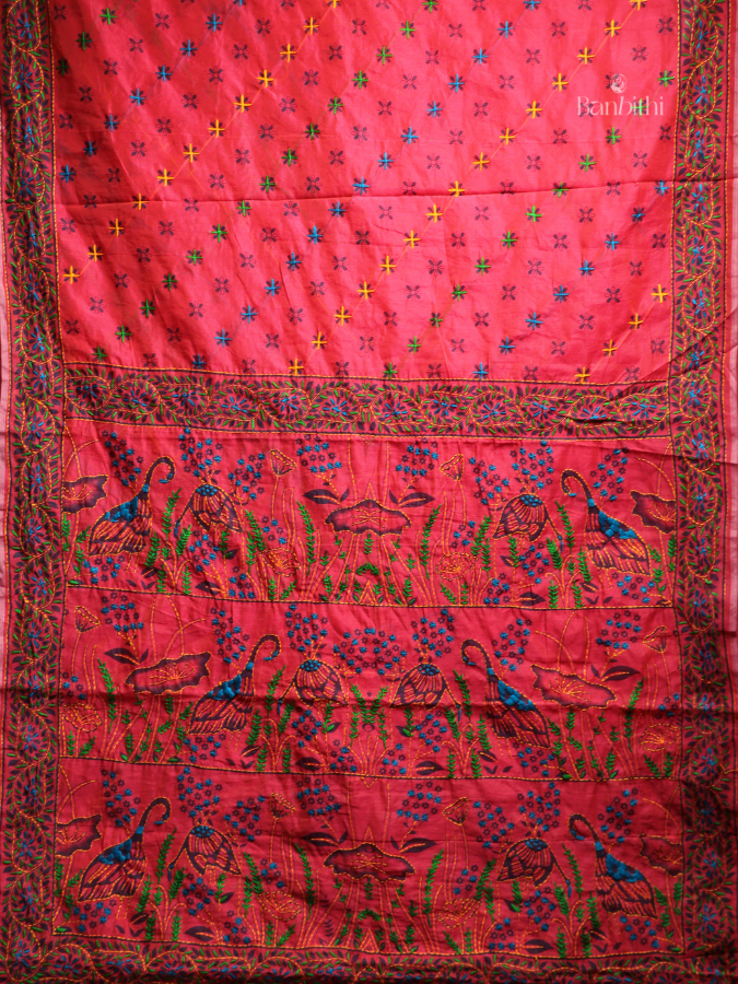 Hand Embroidered Saree – Pink with Multicoloured Thread