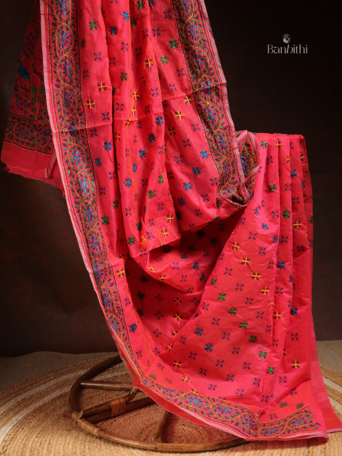 Hand Embroidered Saree – Pink with Multicoloured Thread