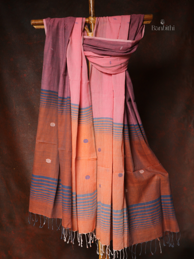 Handwoven Jamdani Dupatta – Pink & Rust Orange