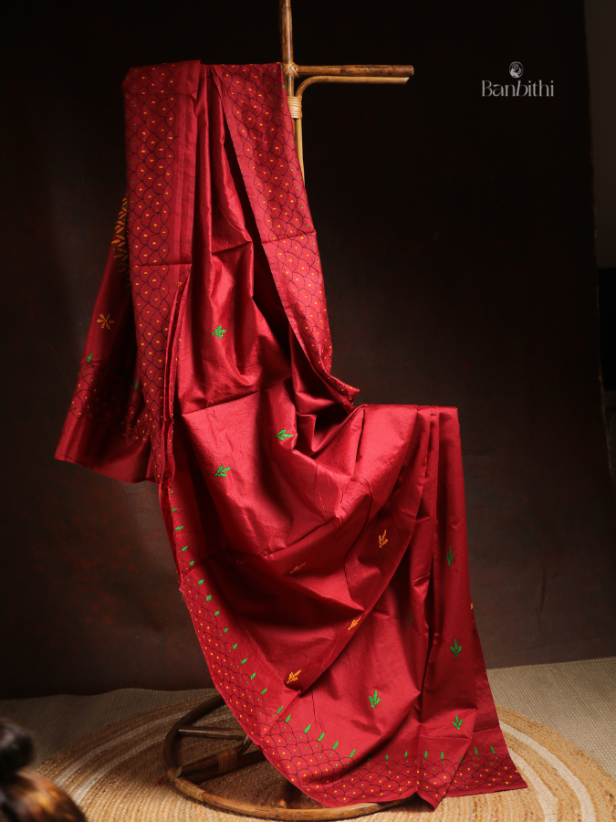 Hand Embroidered Saree – Red with Yellow & Green Thread