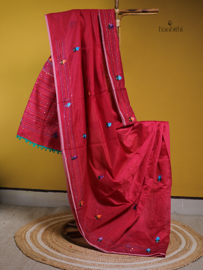 Red Chanderi Embroidery Saree