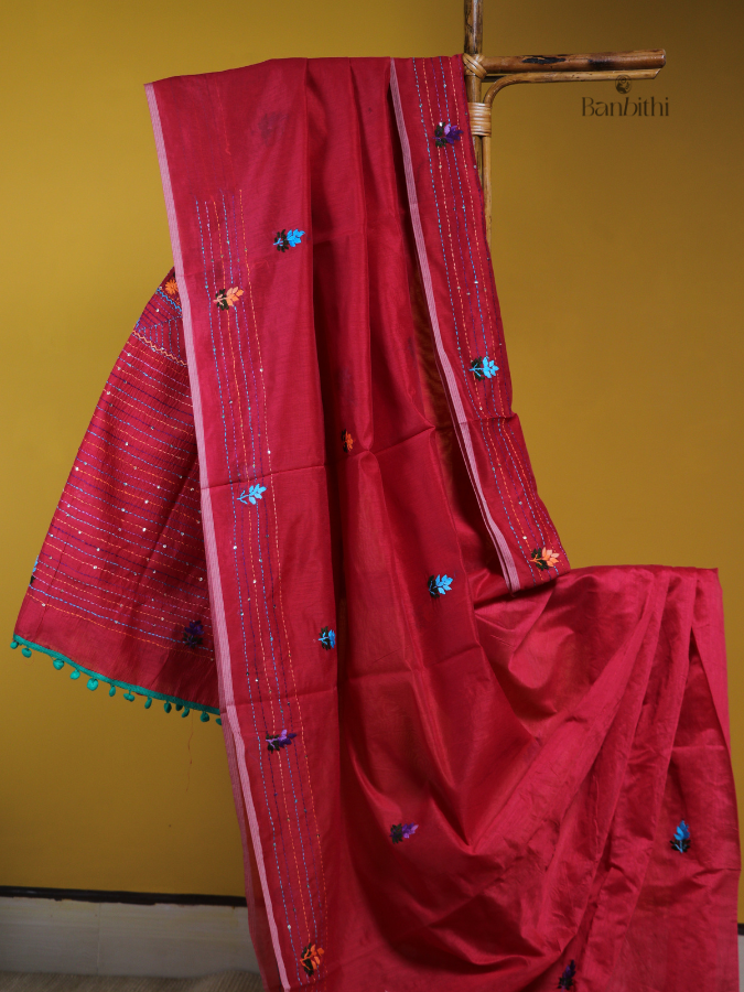 Red Chanderi Embroidery Saree
