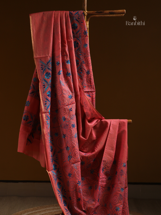 Deep Pink With Blue Embroidery Saree