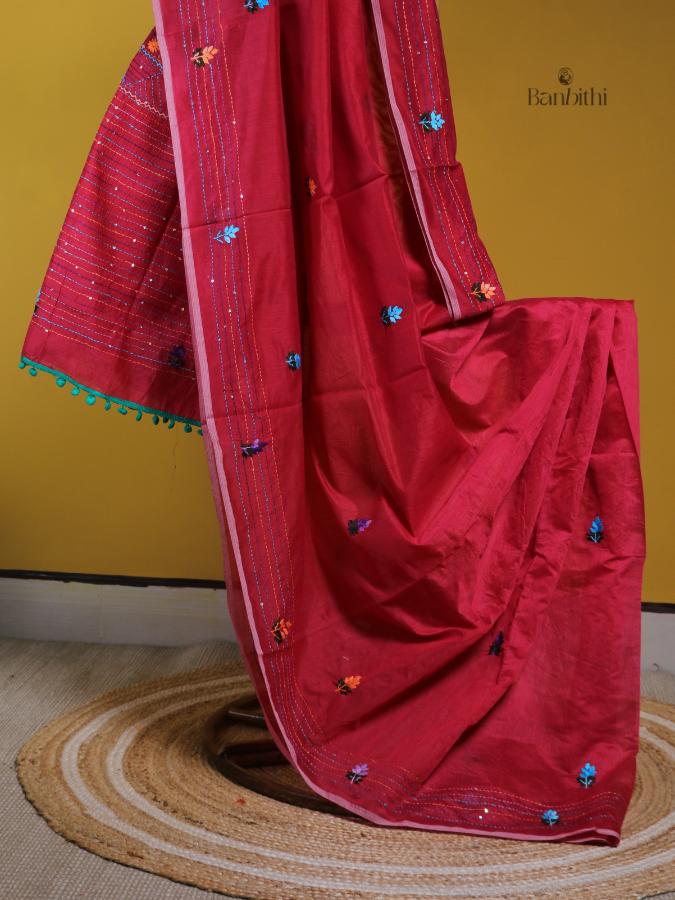 Red Chanderi Embroidery Saree