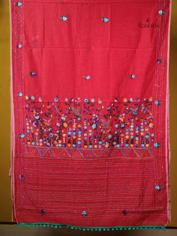 Red Chanderi Embroidery Saree