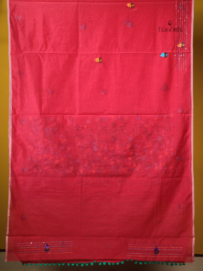 Red Chanderi Embroidery Saree