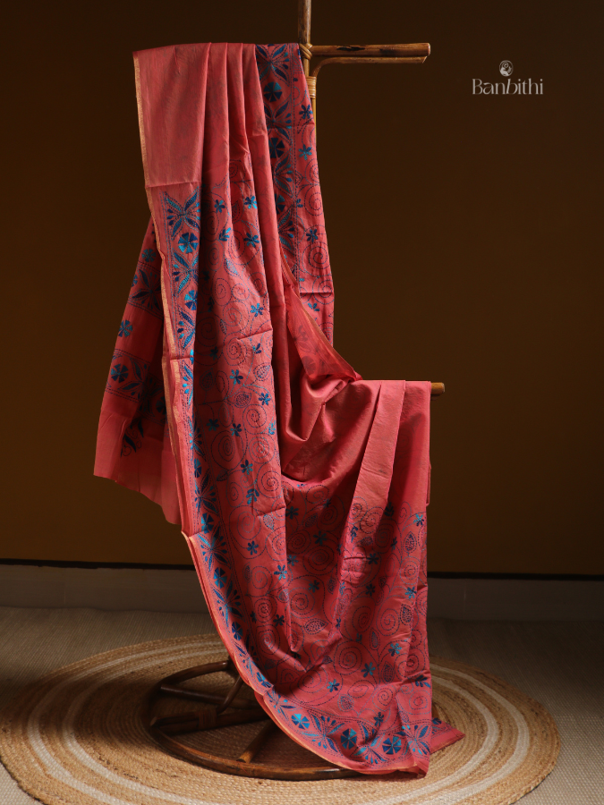 Deep Pink With Blue Embroidery Saree