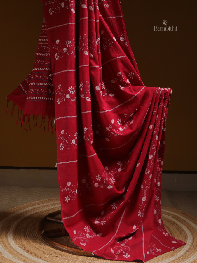 Classic Red Kantha Heritage Saree