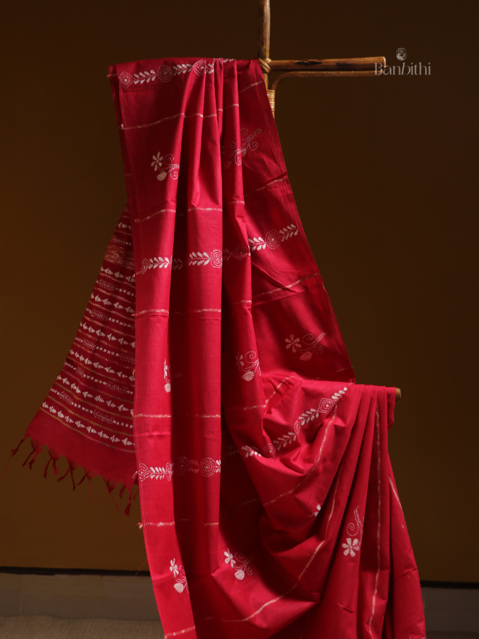 Scarlet Red Kantha Cotton Saree
