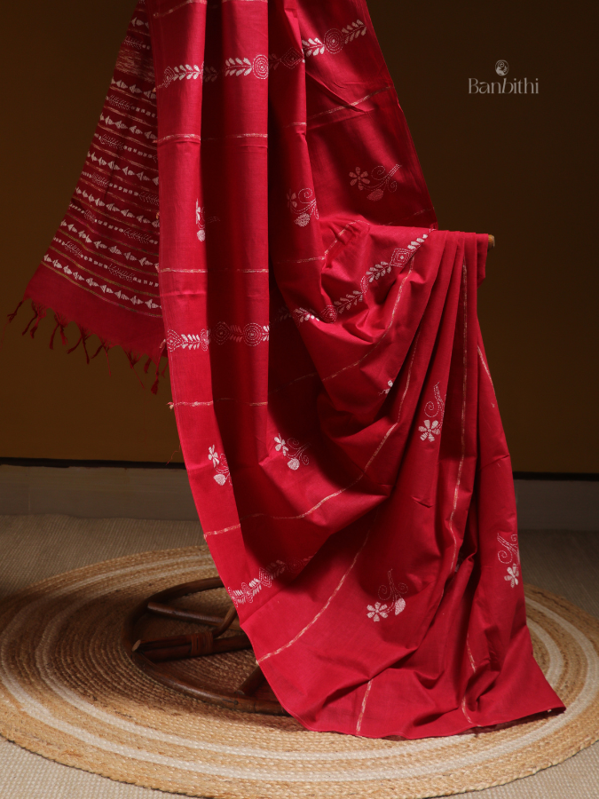 Scarlet Red Kantha Cotton Saree