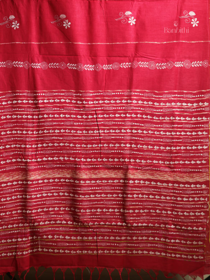 Scarlet Red Kantha Cotton Saree