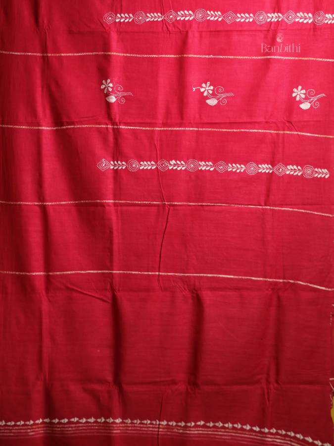 Scarlet Red Kantha Cotton Saree