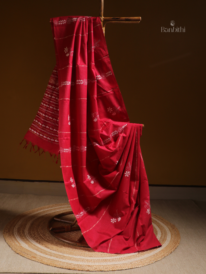 Scarlet Red Kantha Cotton Saree
