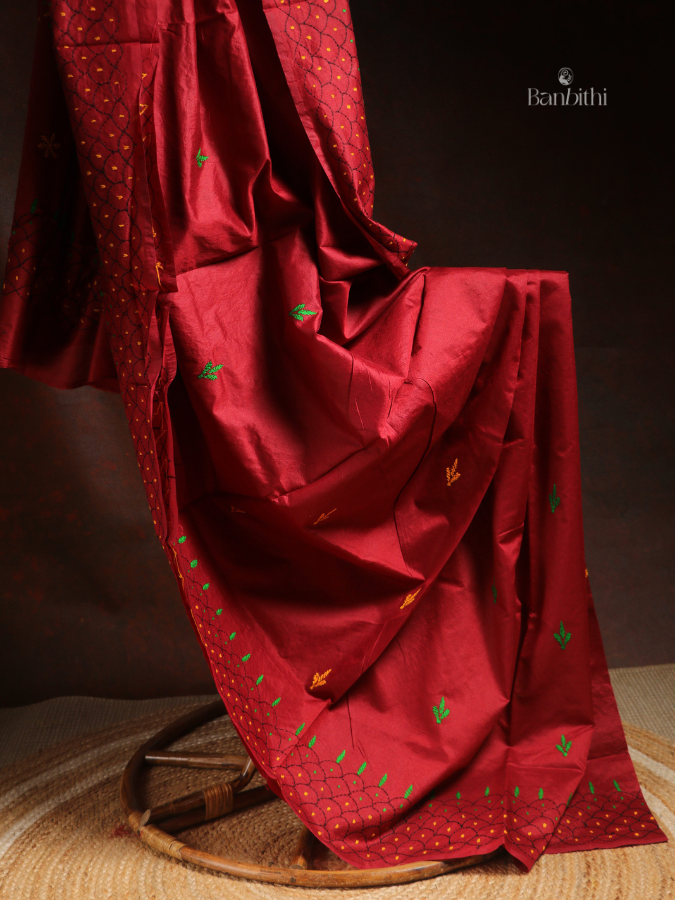 Hand Embroidered Saree – Red with Yellow & Green Thread