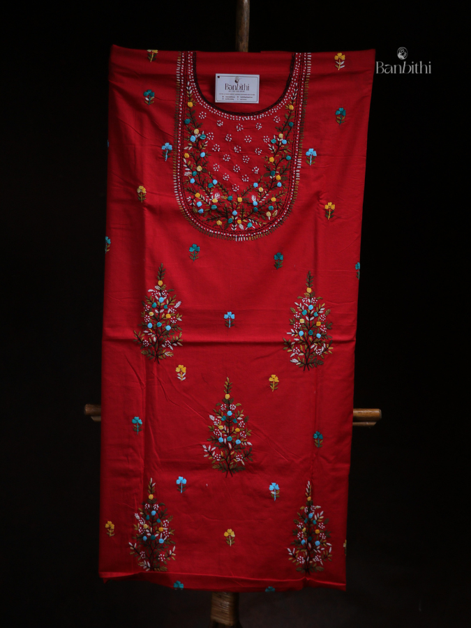 Hand Embroidered Cotton Suit Set – 3 Pcs Red
