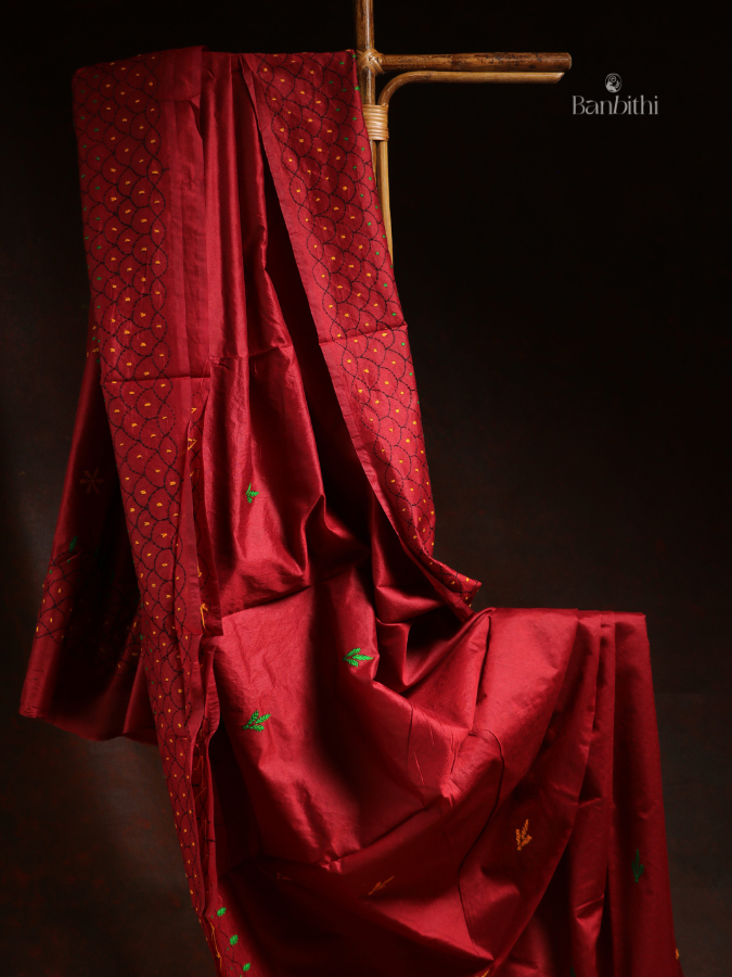 Hand Embroidered Saree – Red with Yellow & Green Thread
