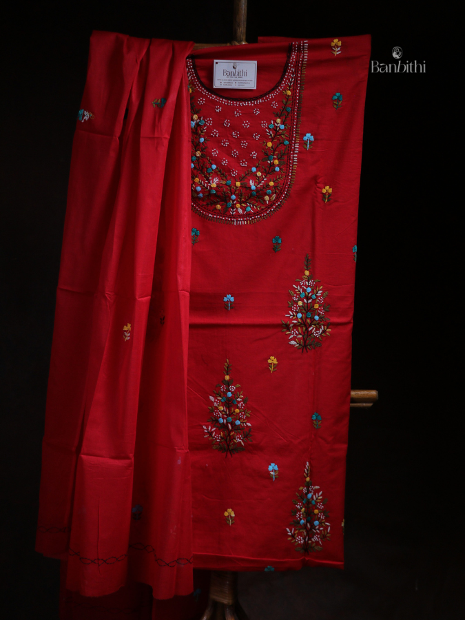 Hand Embroidered Cotton Suit Set – 3 Pcs Red