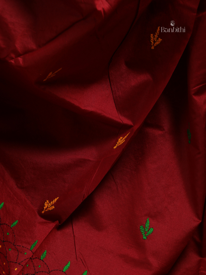 Hand Embroidered Saree – Red with Yellow & Green Thread