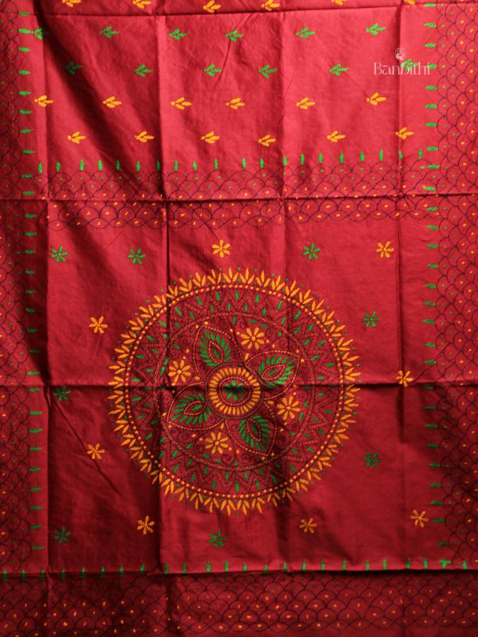 Hand Embroidered Saree – Red with Yellow & Green Thread