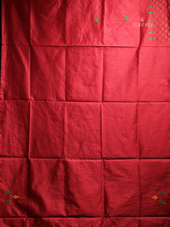 Hand Embroidered Saree – Red with Yellow & Green Thread