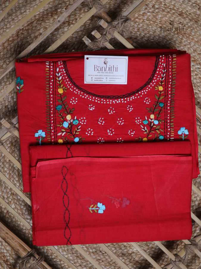 Hand Embroidered Cotton Suit Set – 3 Pcs Red