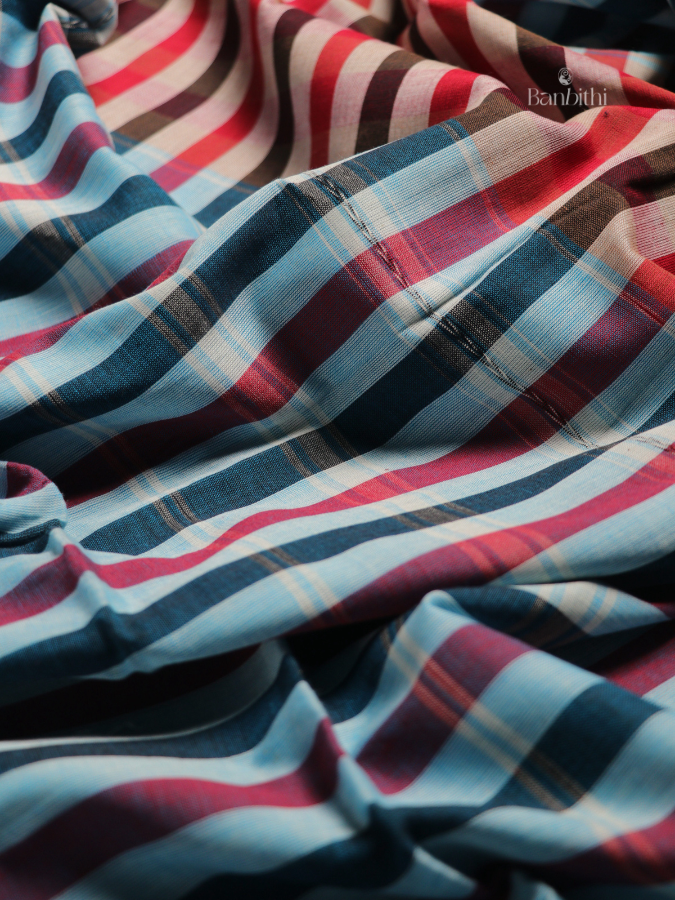 Pure Cotton Handwoven Dhaniakhali Saree – Red Blue