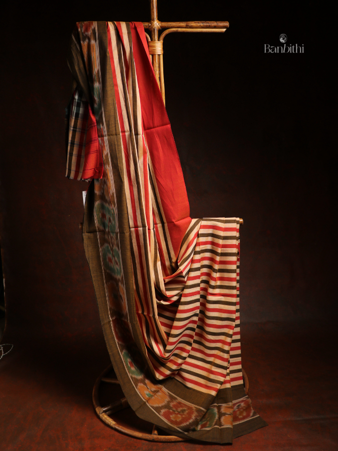 Pure Cotton Handwoven Dhaniakhali Saree – Red Brown