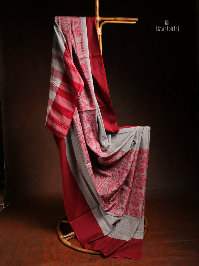 Pure Cotton Handwoven Dhaniakhali Saree – Red Grey