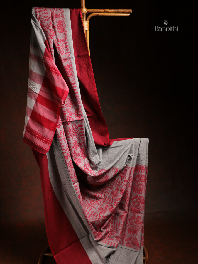 Pure Cotton Handwoven Dhaniakhali Saree – Red Grey
