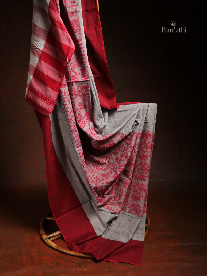 Pure Cotton Handwoven Dhaniakhali Saree – Red Grey