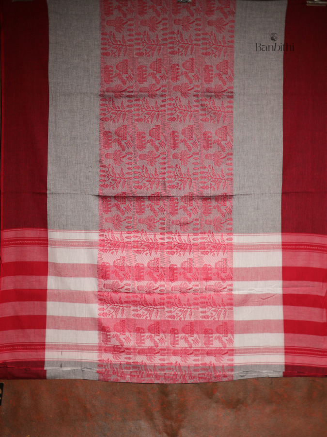 Pure Cotton Handwoven Dhaniakhali Saree – Red Grey