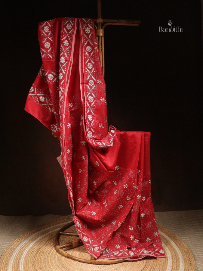 Hand Embroidered Sico Chanderi Saree – Red with White Thread