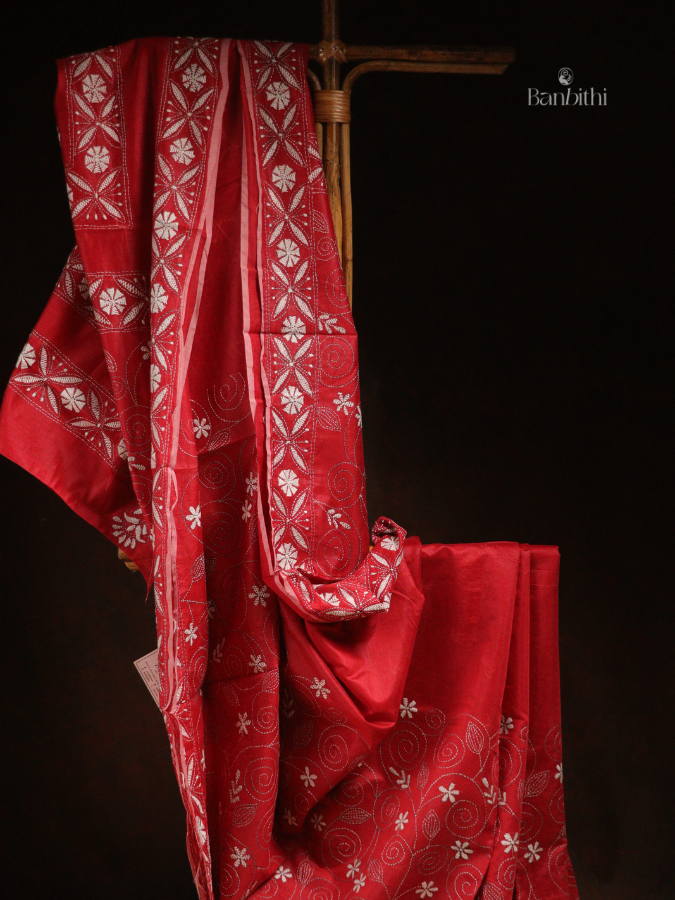 Hand Embroidered Sico Chanderi Saree – Red with White Thread
