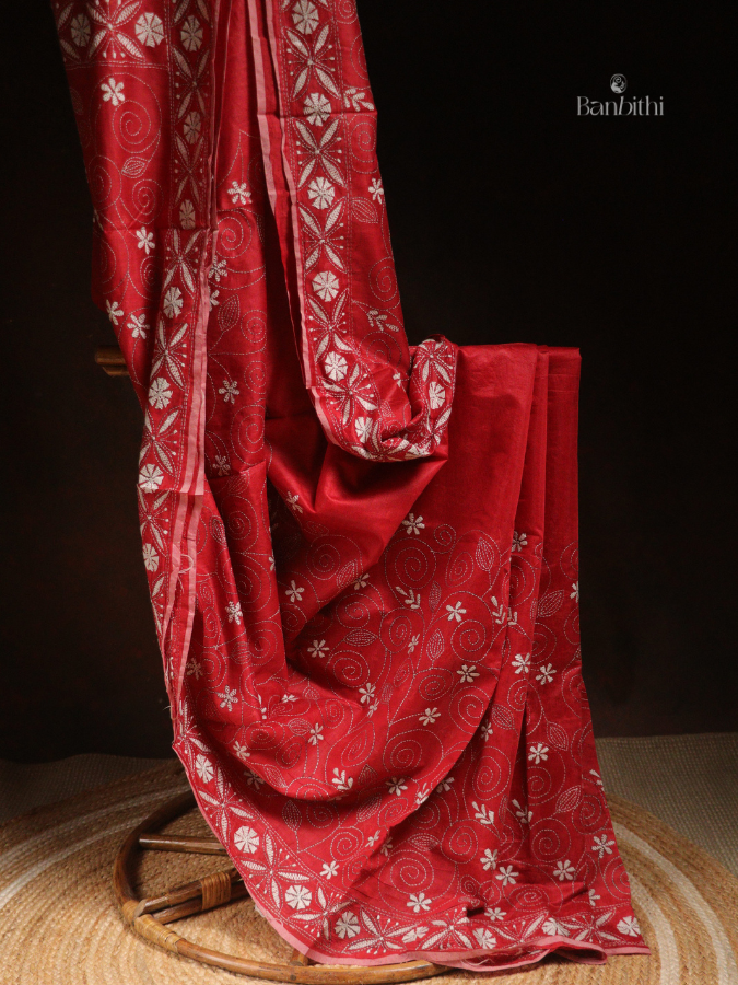 Hand Embroidered Sico Chanderi Saree – Red with White Thread
