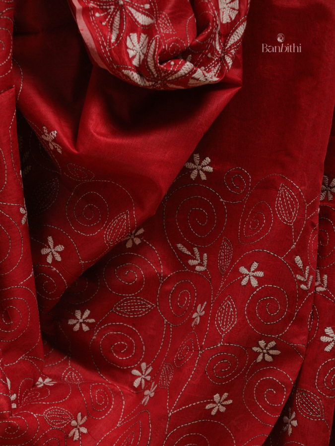 Hand Embroidered Sico Chanderi Saree – Red with White Thread