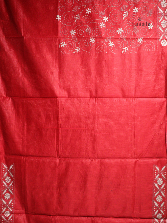Hand Embroidered Sico Chanderi Saree – Red with White Thread
