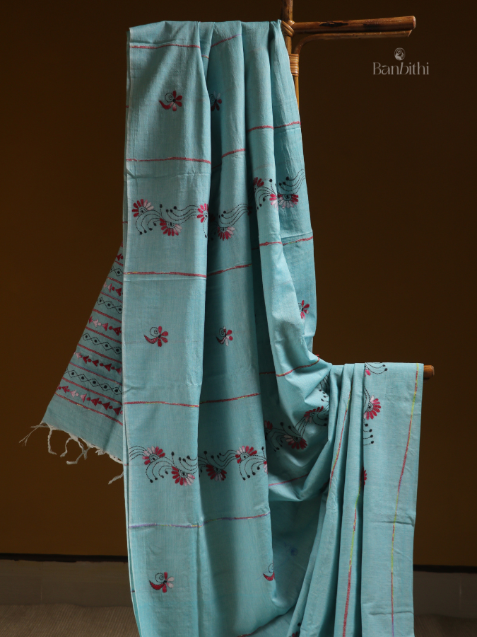 Turquoise Tide Kantha Saree