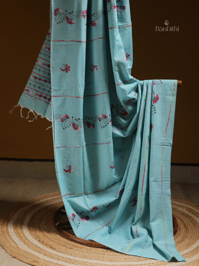 Turquoise Tide Kantha Saree