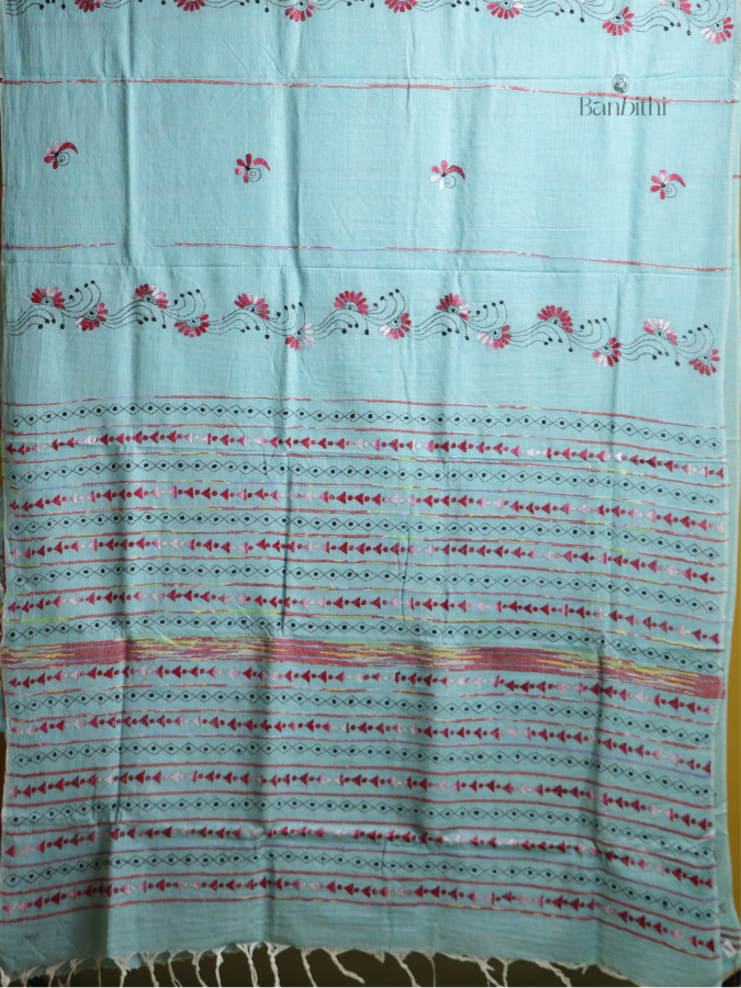 Turquoise Tide Kantha Saree