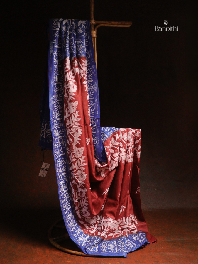 Hand Stitched Kantha Tussar Silk Saree – Blue (Variant 2)