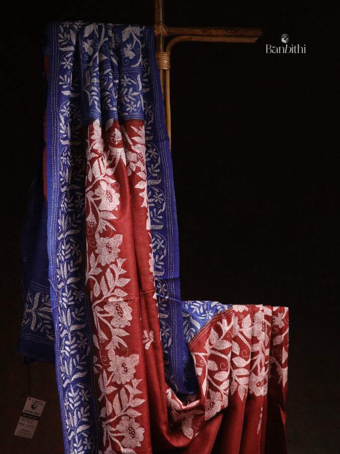 Hand Stitched Kantha Tussar Silk Saree – Blue (Variant 2)