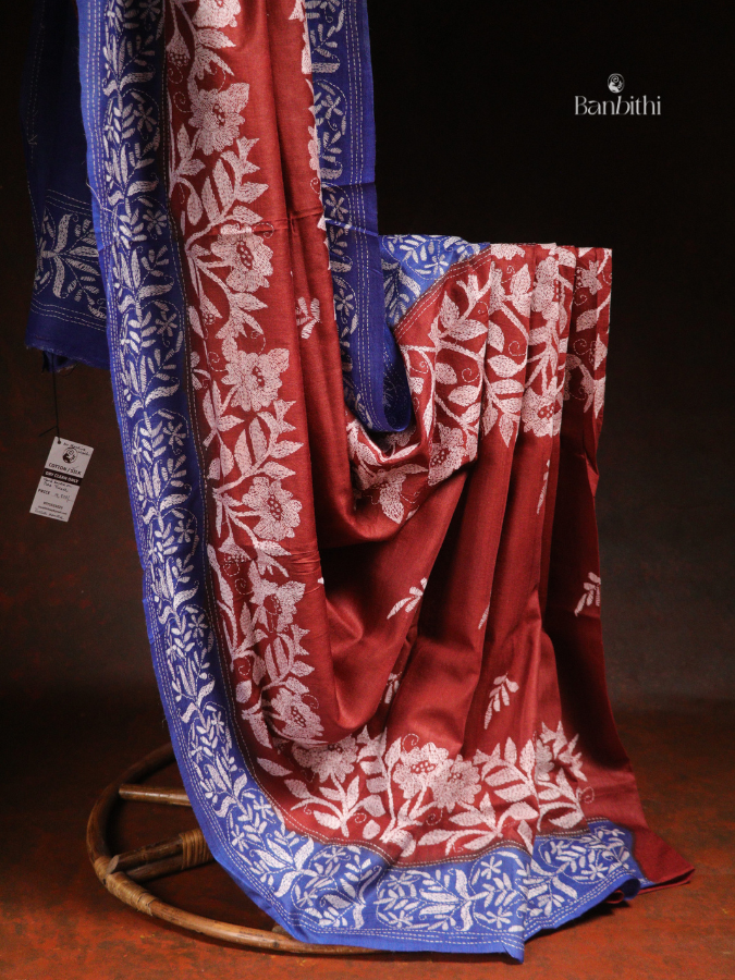 Hand Stitched Kantha Tussar Silk Saree – Blue (Variant 2)