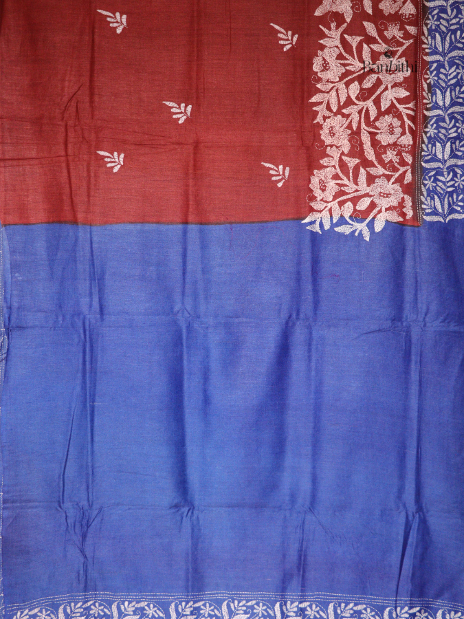Hand Stitched Kantha Tussar Silk Saree – Blue (Variant 2)