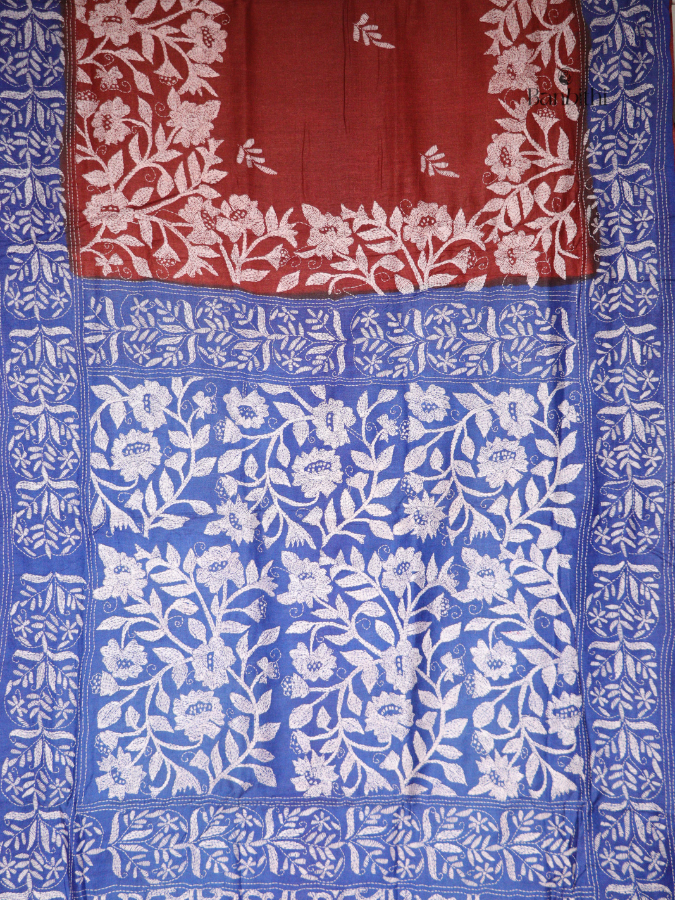 Hand Stitched Kantha Tussar Silk Saree – Blue (Variant 2)